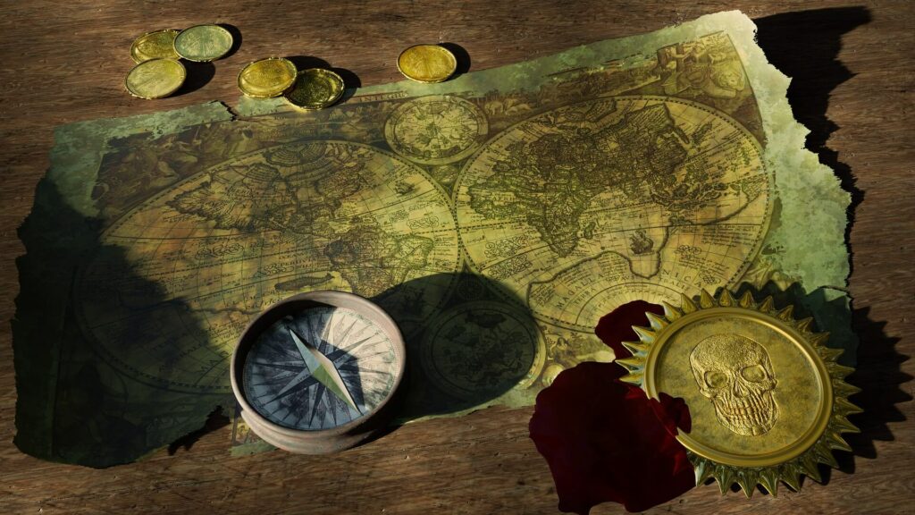 Aged treasure map with compass and gold coins Aged treasure map with compass and gold coins