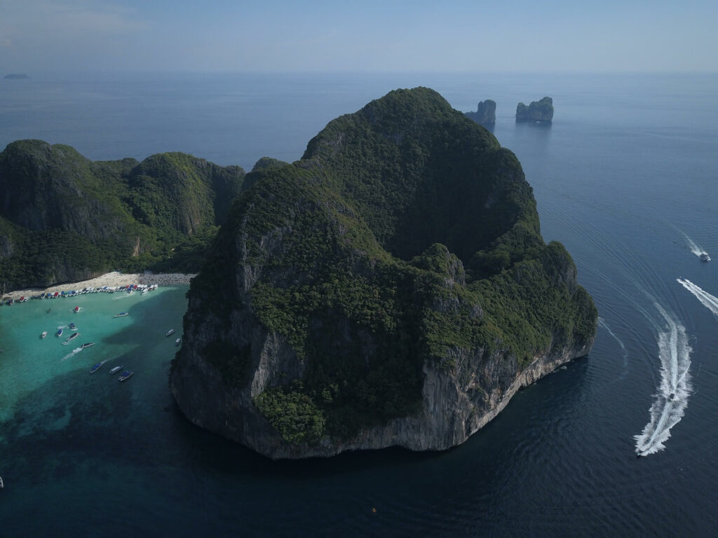 Maya bay Aerial view of boats lining the beach at Maya Bay - Koh Phi Phi Lee