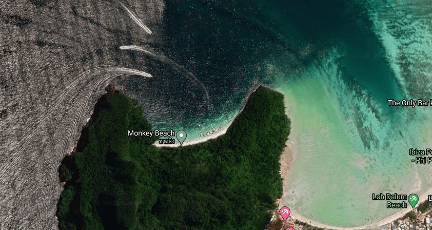 Google satellite image Aerial shot of Monkey Beach in Koh Phi Phi, Thailand