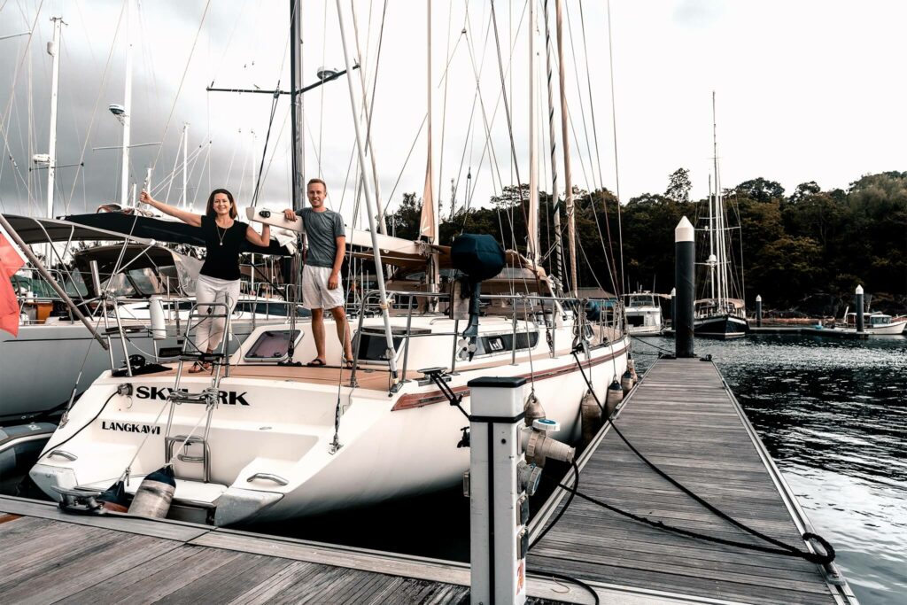 Jennifer Likins and Chris Likins on their sailboat SV Skylark Jennifer Likins and Chris Likins on their sailboat SV Skylark