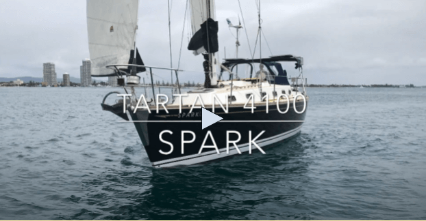 Tartan 4100 Spark sailboat on a cloudy day