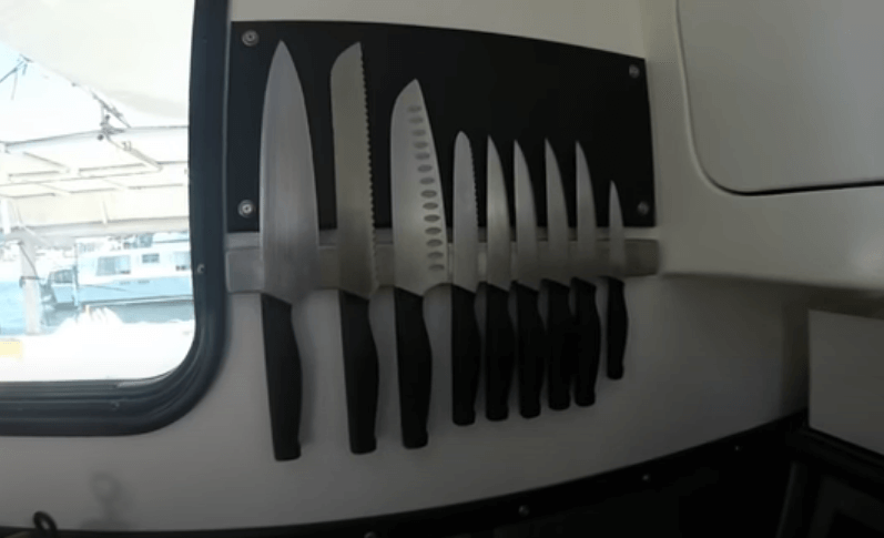 Magnetic knife storage in a boat galley Magnetic knife storage in a boat galley