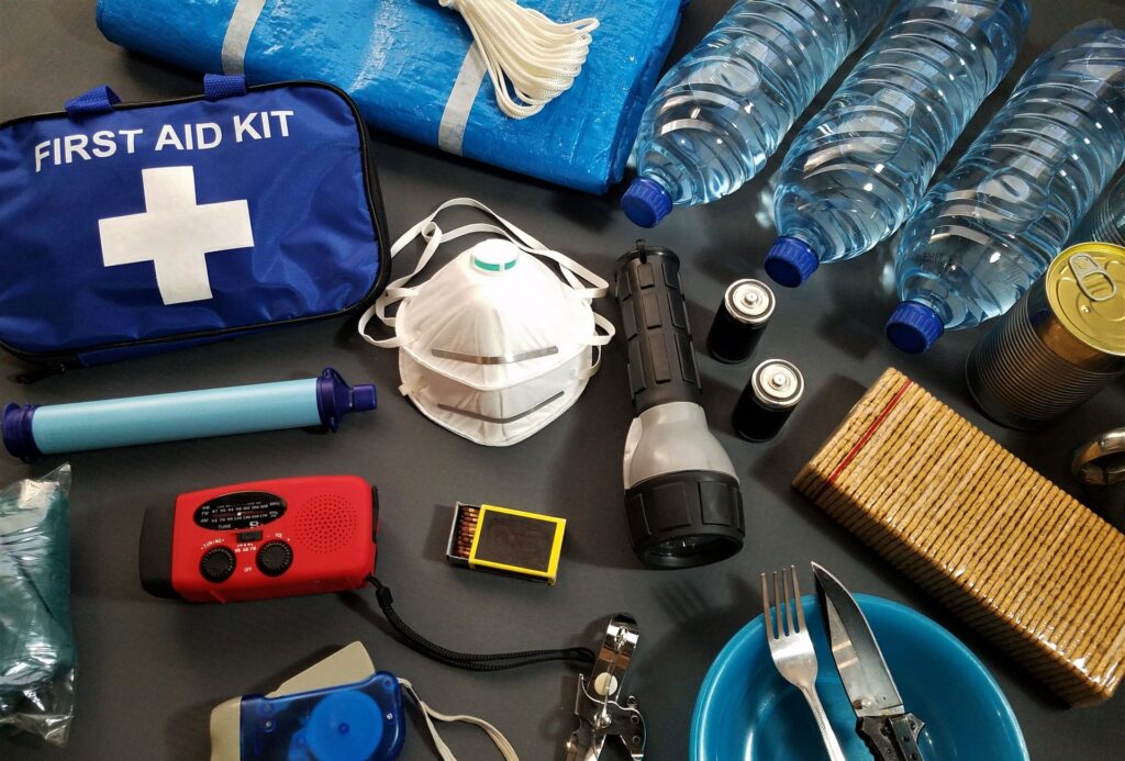 A sailing first aid kit laid out on a table A sailing first aid kit laid out on a table