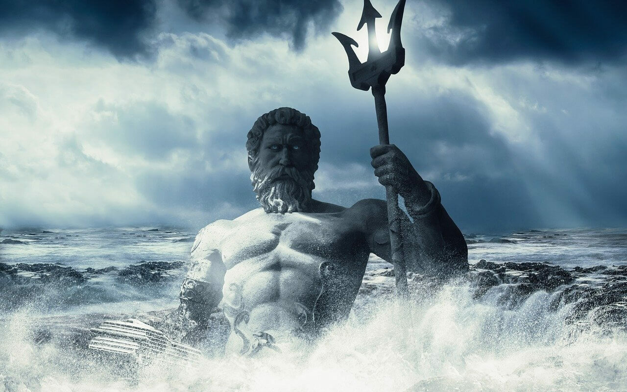 Poseidon holding his trident in the middle of a stormy sea. Poseidon holding his trident in the middle of a stormy sea.