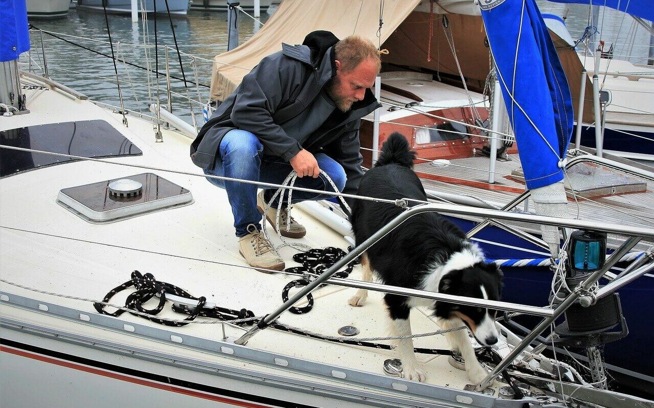a man works next to his dog at the bow of his boat a man works next to his dog at the bow of his boat